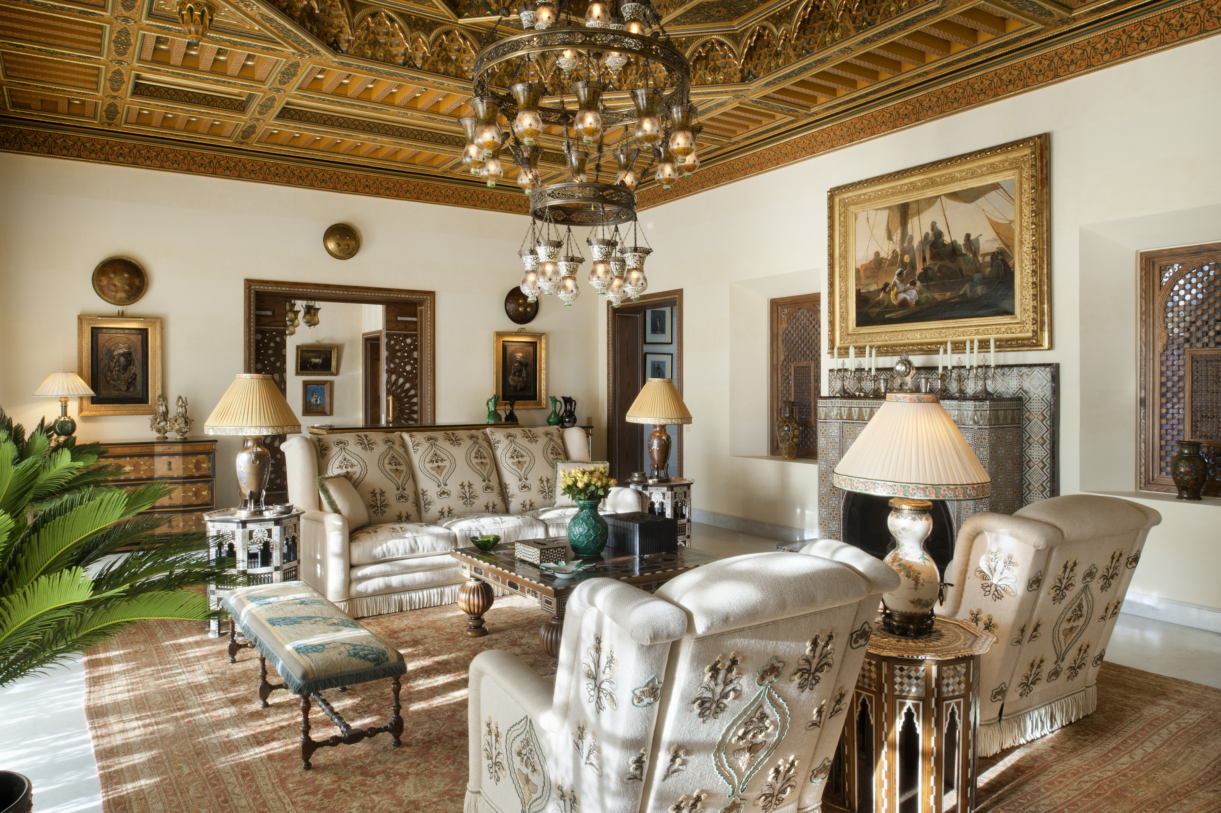 Living room with embroidered sofa seats Maison Duchénoy